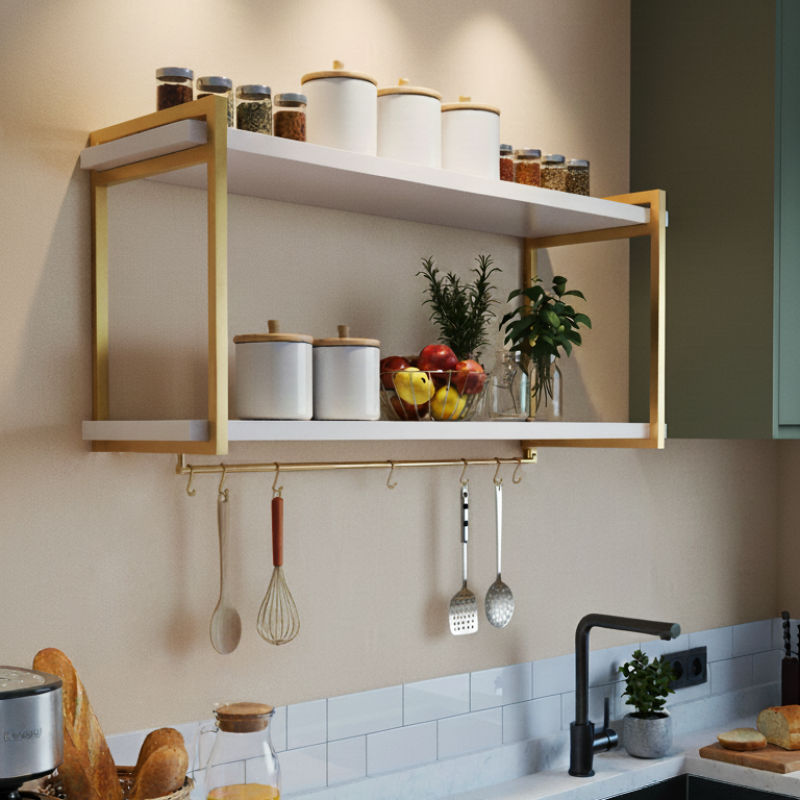 Par de Suportes Estilo Industrial Dourado Duplo de Parede para Prateleiras 30cm