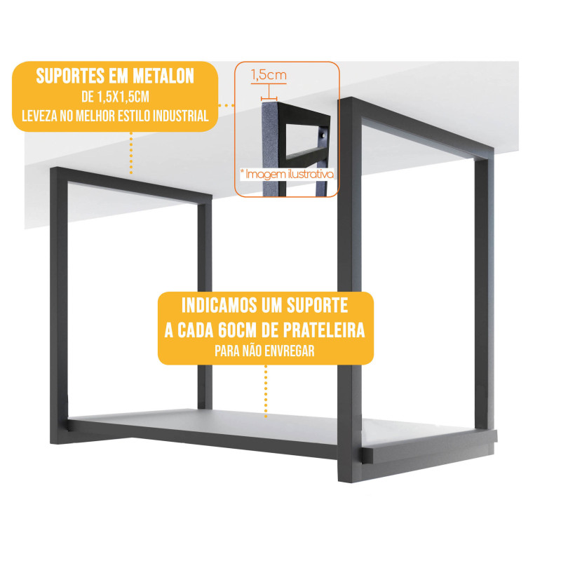 Trio de Suporte Estilo Industrial Simples de Teto para Prateleiras de 25cm