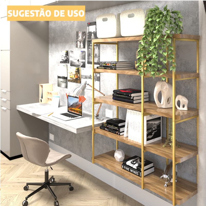 Par de Suportes Estilo Industrial Duplo Dourado de Teto e Parede para Prateleiras de 30cm