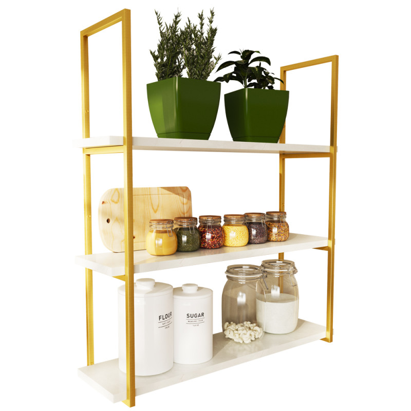 Par de Suportes Estilo Industrial Triplo Dourado Teto e Parede Prateleiras 20cm